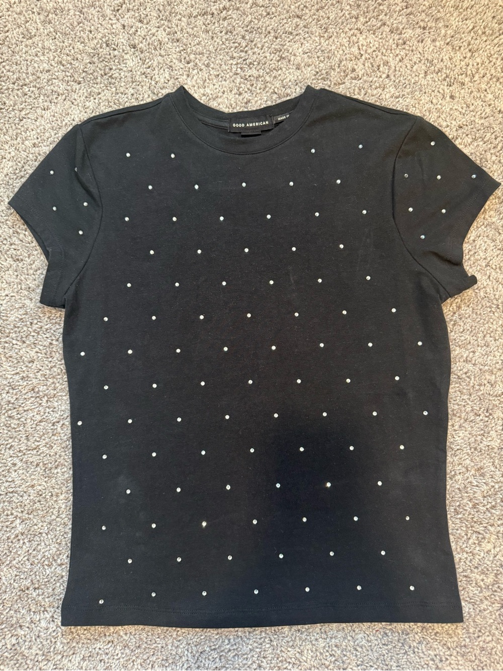 NWT Good American Rhinestone Short Sleeve Top, Black, M